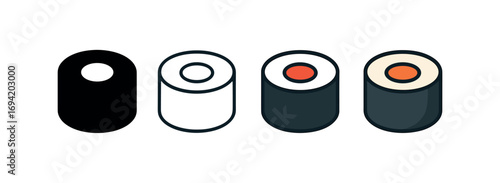 Vector icon sushi roll same pose same proportions four styles black solid glyph outline minimal flat multicolor filled cartoon flat shaded.