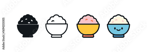 Vector icon rice bowl same pose same proportions four styles black solid glyph outline minimal flat multicolor filled cartoon flat shaded.