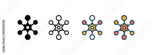 Vector icon machine learning network same pose same proportions four styles black solid glyph outline minimal flat multicolor filled cartoon flat shaded.
