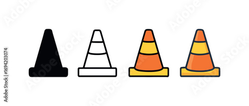 Vector icon traffic cone same pose same proportions four styles black solid glyph outline minimal flat multicolor filled cartoon flat shaded.