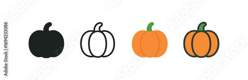Vector icon pumpkin autumn same pose same proportions four styles black solid glyph outline minimal flat multicolor filled cartoon flat shaded.