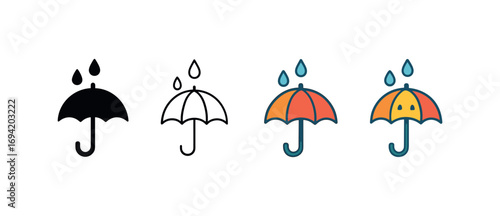 Vector icon autumn rain umbrella same pose same proportions four styles black solid glyph outline minimal flat multicolor filled cartoon flat shaded.