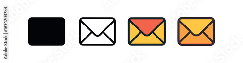 Vector icon email envelope same pose same proportions four styles black solid glyph outline minimal flat multicolor filled cartoon flat shaded.