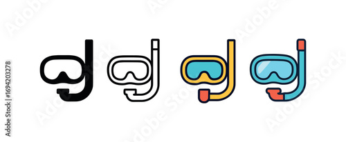 Vector icon snorkeling mask same pose same proportions four styles black solid glyph outline minimal flat multicolor filled cartoon flat shaded.