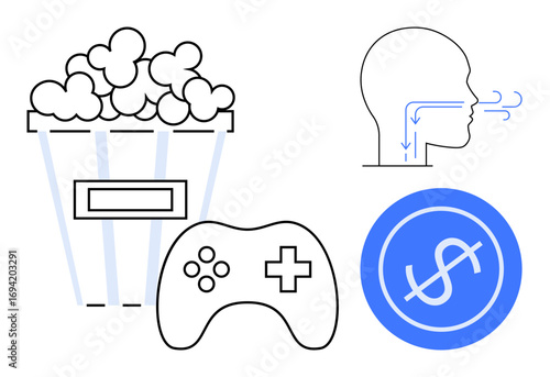 Popcorn bucket, video game controller, breathing head outline, and dollar coin symbol. Ideal for entertainment, gaming, wellness, finance relaxation lifestyle and minimalism. Simple flat metaphor