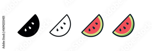 Vector icon watermelon slice same pose same proportions four styles black solid glyph outline minimal flat multicolor filled cartoon flat shaded.