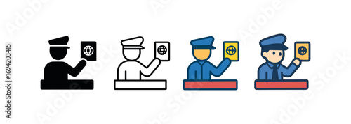 Vector icon passport control same pose same proportions four styles black solid glyph outline minimal flat multicolor filled cartoon flat shaded.