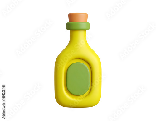 3D Minimalist Yellow Bottle Icon with Green Label and Cork Stopper