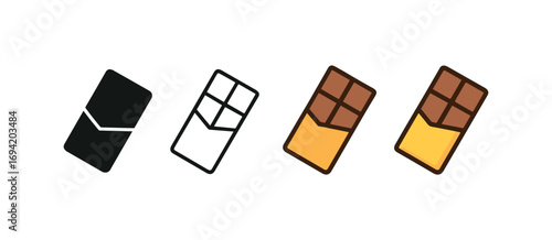 Vector icon chocolate bar same pose same proportions four styles black solid glyph outline minimal flat multicolor filled cartoon flat shaded.