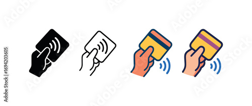 Vector icon contactless payment tap same pose same proportions four styles black solid glyph outline minimal flat multicolor filled cartoon flat shaded.