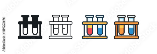 Vector icon test tube rack same pose same proportions four styles black solid glyph outline minimal flat multicolor filled cartoon flat shaded.