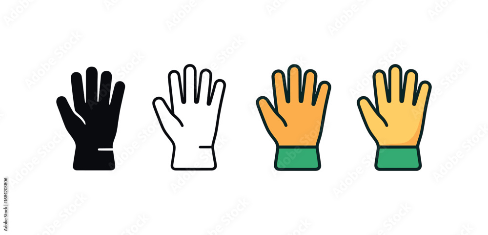 Obraz premium Vector icon gardening gloves same pose same proportions four styles black solid glyph outline minimal flat multicolor filled cartoon flat shaded.