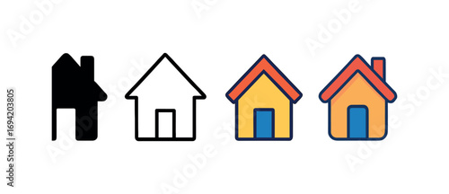 Vector icon house front same pose same proportions four styles black solid glyph outline minimal flat multicolor filled cartoon flat shaded.