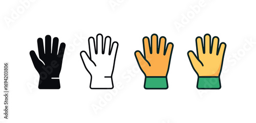 Vector icon gardening gloves same pose same proportions four styles black solid glyph outline minimal flat multicolor filled cartoon flat shaded.