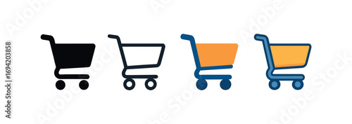 Vector icon shopping cart same pose same proportions four styles black solid glyph outline minimal flat multicolor filled cartoon flat shaded.