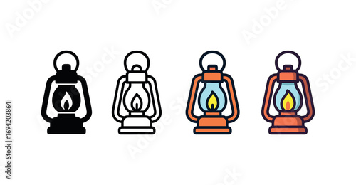 Vector icon camping lantern same pose same proportions four styles black solid glyph outline minimal flat multicolor filled cartoon flat shaded.