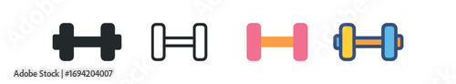 Vector icon fitness dumbbell same pose same proportions four styles black solid glyph outline minimal flat multicolor filled cartoon flat shaded.