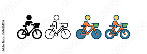 Vector icon public bike rental same pose same proportions four styles black solid glyph outline minimal flat multicolor filled cartoon flat shaded.