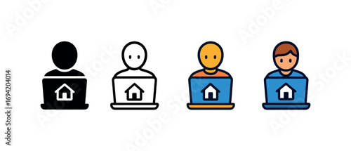 Vector icon remote work laptop same pose same proportions four styles black solid glyph outline minimal flat multicolor filled cartoon flat shaded.