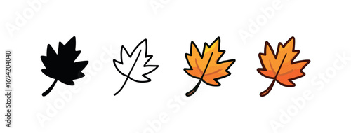 Vector icon falling maple leaf same pose same proportions four styles black solid glyph outline minimal flat multicolor filled cartoon flat shaded.