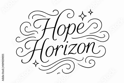 Hope Horizon thin line calligraphy smooth curves balanced composition clear readable letters consistent style surrounded by abstract waves swirls and star shapes none clean white background.