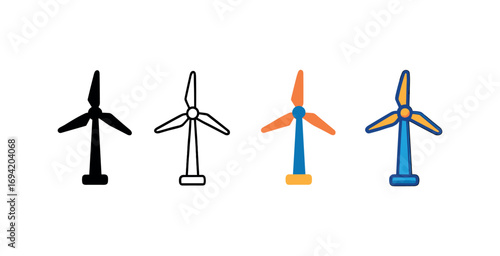 Vector icon wind energy turbine same pose same proportions four styles black solid glyph outline minimal flat multicolor filled cartoon flat shaded.