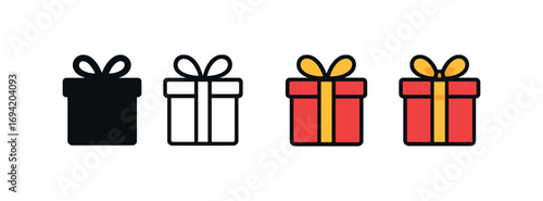 Vector icon Christmas gift box same pose same proportions four styles black solid glyph outline minimal flat multicolor filled cartoon flat shaded.