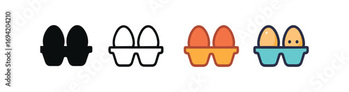 Vector icon egg carton same pose same proportions four styles black solid glyph outline minimal flat multicolor filled cartoon flat shaded.