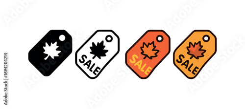 Vector icon seasonal autumn sale tag same pose same proportions four styles black solid glyph outline minimal flat multicolor filled cartoon flat shaded.
