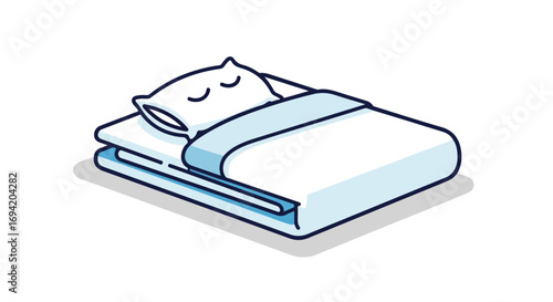 Simplified vector illustration portraying restful sleep on a neatly made bed with a contented pillow expression