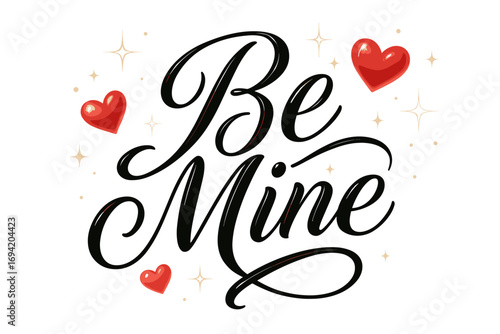 Shiny elegant calligraphy lettering smooth curves balanced composition clear readable letters consistent style surrounded by glowing hearts and romantic sparkles none clean white background.