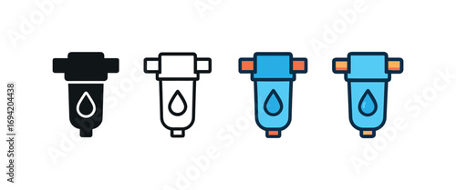Vector icon water filter same pose same proportions four styles black solid glyph outline minimal flat multicolor filled cartoon flat shaded.