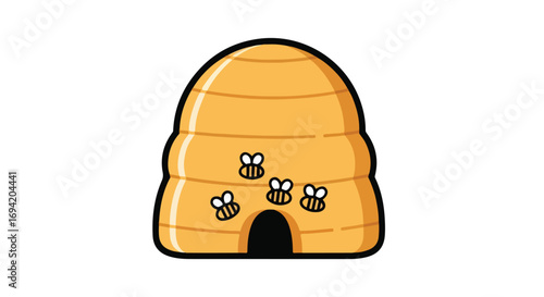 Delightful cartoon beehive illustration with hovering bees, representing nature's sweetness and collaborative spirit in honey creation