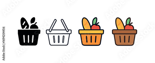 Vector icon grocery basket full same pose same proportions four styles black solid glyph outline minimal flat multicolor filled cartoon flat shaded.