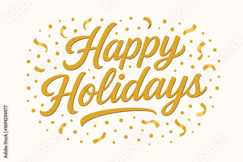 Golden modern hand lettering smooth curves balanced composition clear readable letters consistent style surrounded by festive confetti and dots horizontal balanced layout clean white.