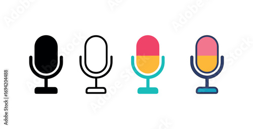 Vector icon microphone same pose same proportions four styles black solid glyph outline minimal flat multicolor filled cartoon flat shaded.