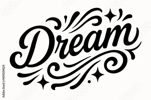 Dream Light modern hand lettering smooth curves balanced composition clear readable letters consistent style surrounded by abstract waves swirls and star shapes diagonal decorative.