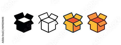 Vector icon delivery box open same pose same proportions four styles black solid glyph outline minimal flat multicolor filled cartoon flat shaded.