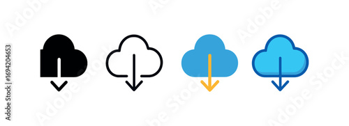 Vector icon download cloud same pose same proportions four styles black solid glyph outline minimal flat multicolor filled cartoon flat shaded.