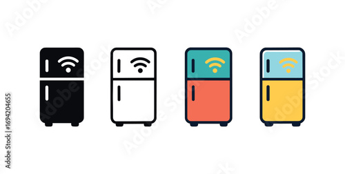 Vector icon smart fridge same pose same proportions four styles black solid glyph outline minimal flat multicolor filled cartoon flat shaded.