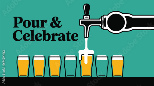 A beer tap pouring beer into a glass alongside other glasses on a teal background with text above it