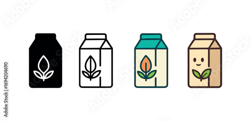 Vector icon plant based milk carton same pose same proportions four styles black solid glyph outline minimal flat multicolor filled cartoon flat shaded.