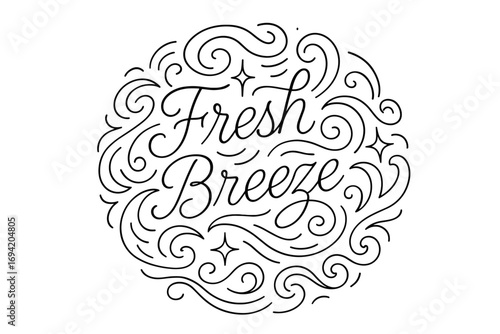 Fresh Breeze thin line calligraphy smooth curves balanced composition clear readable letters consistent style surrounded by abstract waves swirls and star shapes circular frame composition.