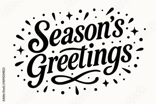 Season Greetings bold vintage calligraphy smooth curves balanced composition clear readable letters consistent style surrounded by festive confetti and dots diagonal decorative composition.