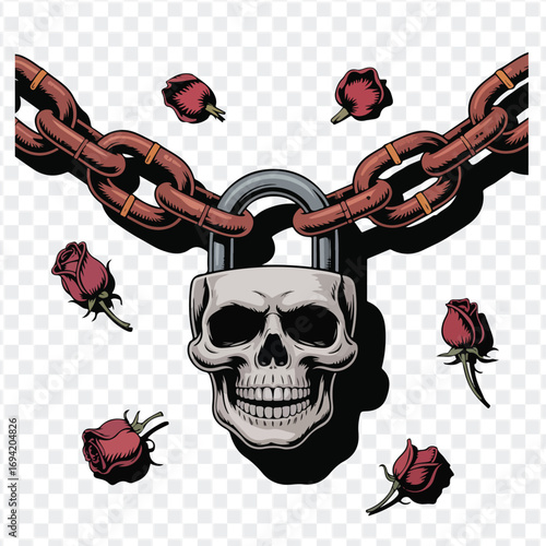 Gothic Skull Padlock with Chains and Roses