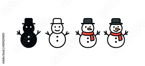 Vector icon snowman same pose same proportions four styles black solid glyph outline minimal flat multicolor filled cartoon flat shaded.