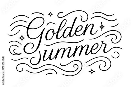 Golden Summer thin line calligraphy smooth curves balanced composition clear readable letters consistent style surrounded by abstract waves swirls and star shapes horizontal balanced layout.