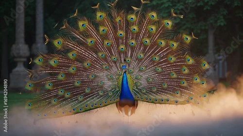 peacock displays its iridescent tail feathers in a fan shape, with slight mist surrounding its feet