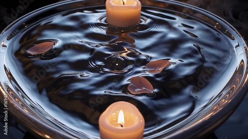 AI-Generated two floating candles illuminate a bowl of rippling water with pink petals in it.