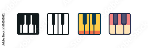 Vector icon piano keyboard same pose same proportions four styles black solid glyph outline minimal flat multicolor filled cartoon flat shaded.